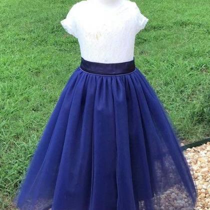 Blue Tulle Long Flower Girl Dress With Lace Top,..