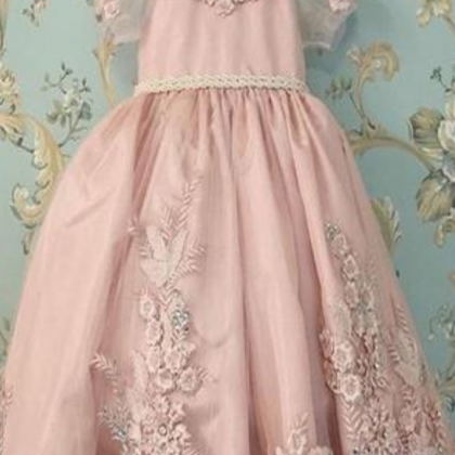 Blush Pink Short Sleeves Floor Length Appliqued..