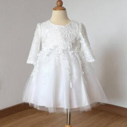 Floor Length Ivory Lace Tulle Long Sleeves Flower..