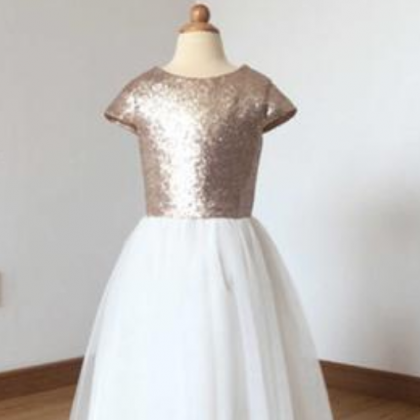 A Line Cap Sleeves Sequin Ivory Tulle Floor Length..