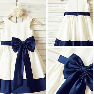 Ivory Flower Girl Dress With Navy Blue Belt,a-line..