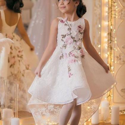 Hi Low Flower Girl Dress With 3d Flowers..
