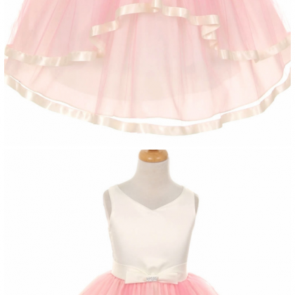 V-neck Satin Bow Layer Pink Tulle Dress