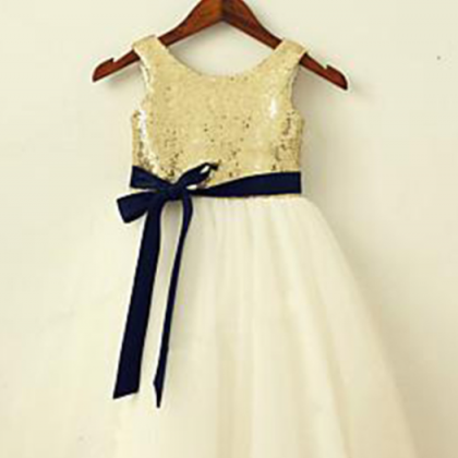 Gold Sequins Ivory Tulle Flower Girls Dresses With..