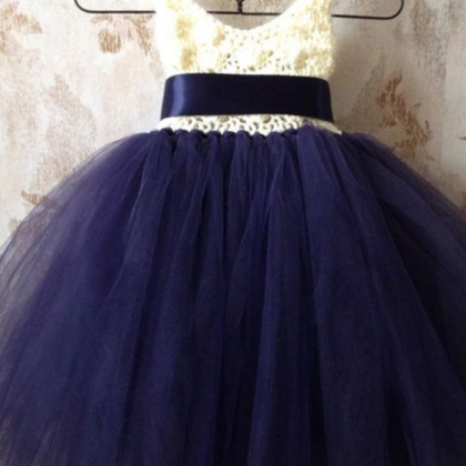 Dark Blue Organza V Neck Lace Girls Dress With..