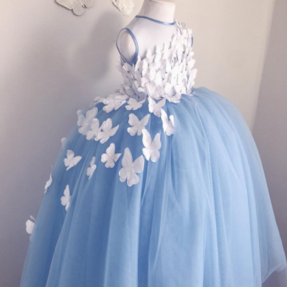 Sky Blue Ball Gown Flower Girl Dresses Tulle 3d..