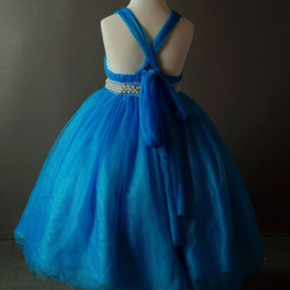 Blue Tea Length Flower Girl Dresses Children..