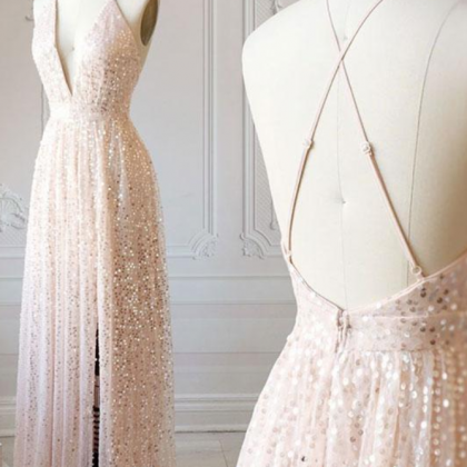 V Neck Sequins Long Prom Dress, Evening Dress