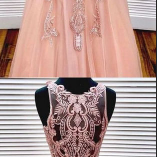 Pink round neck tulle lace applique long prom dress, pink evening dress     cg13820