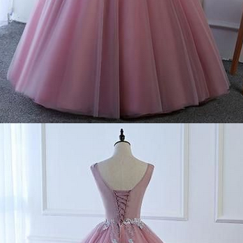 Elegant Pink Round Neck Tulle Long Prom Dress,..