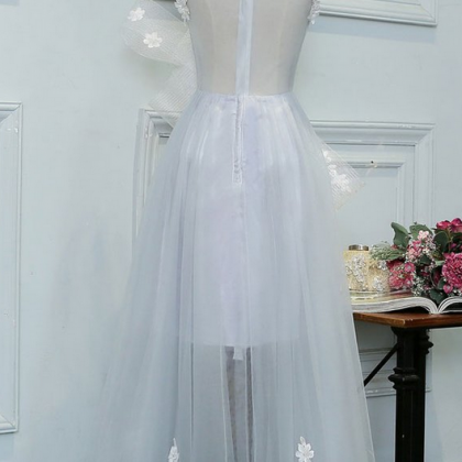 Unique Gray Tulle Lace Applique Long Prom Dress,..