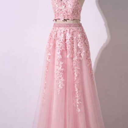 Pink Tulle Strapless Two Pieces Long Lace Prom..