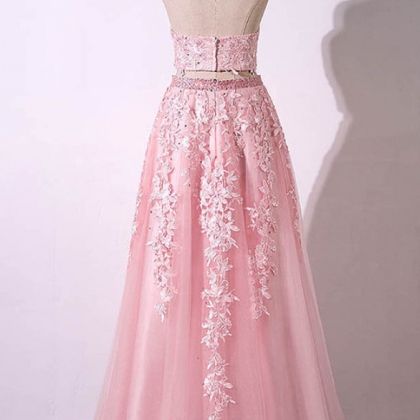 Pink Tulle Strapless Two Pieces Long Lace Prom..