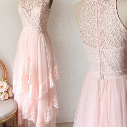 Pink Lace Strapless Long Tulle Homecoming Dress,..