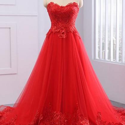 Red Tulle Strapless Long A-line Customize Lace..