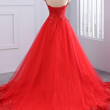 Red Tulle Strapless Long A-line Customize Lace..