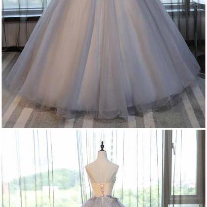 Gray Tulle Scoop Neck Long Lace Formal Prom Dress,..