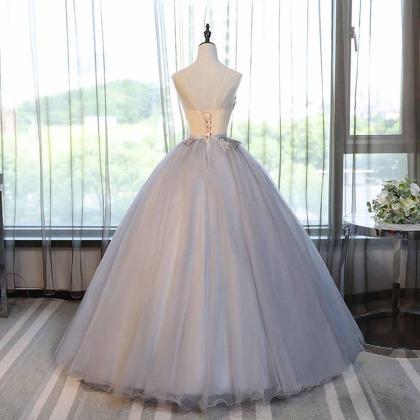 Gray Tulle Scoop Neck Long Lace Formal Prom Dress,..