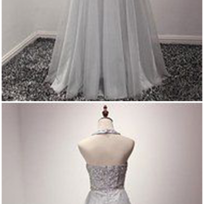 Simple Gray Tulle Backless O Neck Long Beaded Prom..