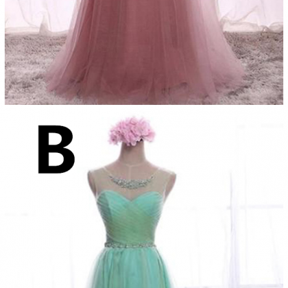 Pink Tulle Scoop Neck Simple Long Prom Dress, Long..