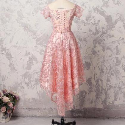 Pretty Pink Lace Short Sleeve High Low A-line Prom..