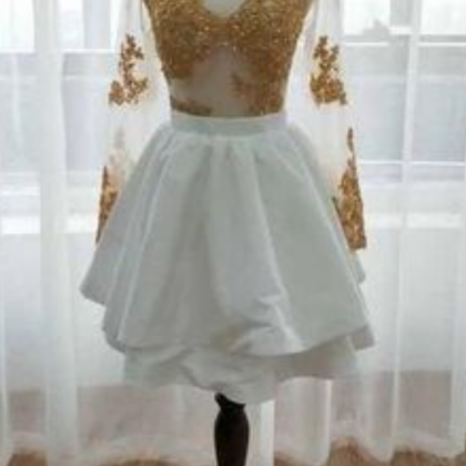Long Sleeve V Neck White Homecoming Dresses, Gold..