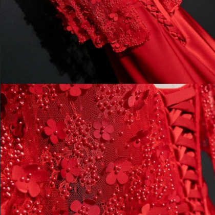 Red Prom Dresses A-line Scoop Sweep Train Satin..