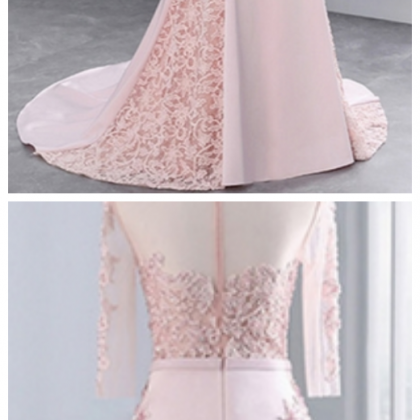 Pink Middle Sleeves, Lace Prom Dresses, Mermaid..