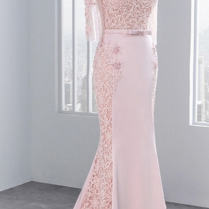Pink Middle Sleeves, Lace Prom Dresses, Mermaid..