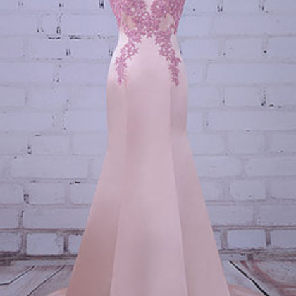Pink Satin Long Mermaid Evening Dress, Pink Lace..