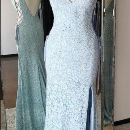 Mermaid V-neck Backless Sweep Train Blue Lace Prom..