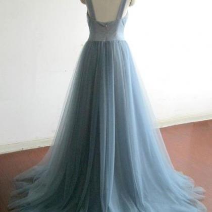 Elegant Grey Blue Tulle Long Prom Dress,v Neck..