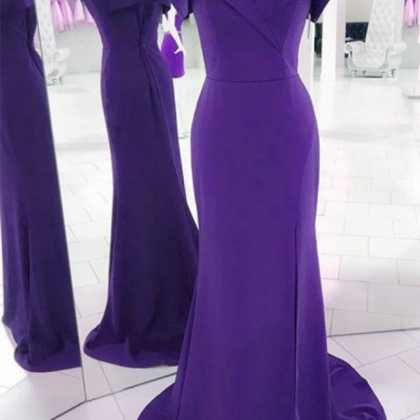 V-neck Off Shoulder Long Purple Prom Dresses..