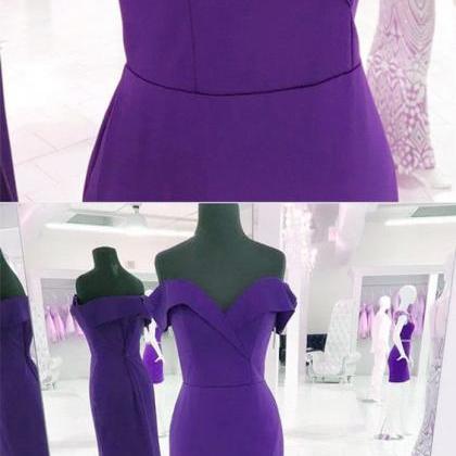 V-neck Off Shoulder Long Purple Prom Dresses..