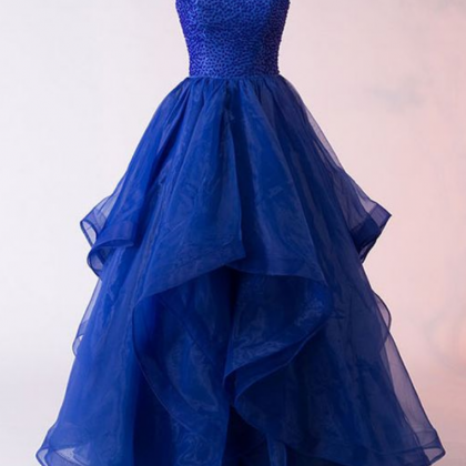 Royal Blue Tulle Backless Prom Dress, Ball Gown..