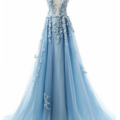 A-line Blue Tulle Prom Dress With Appliques, Long..