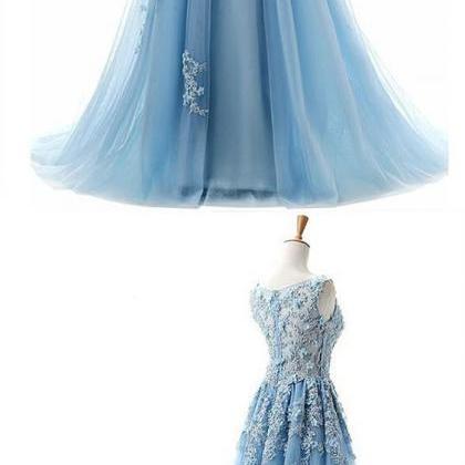 A-line Blue Tulle Prom Dress With Appliques, Long..