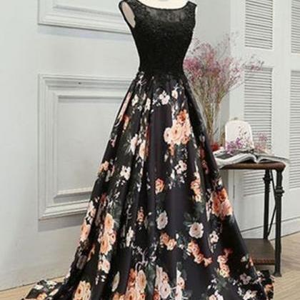 Elegant Black Floral Prom Party Dresses, Formal..