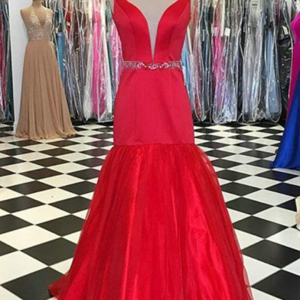 Red Mermaid Prom Dresses With Deep V Neck Elegant..