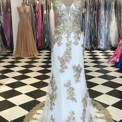 White Mermaid Prom Dresses With Gold Lace Deep..