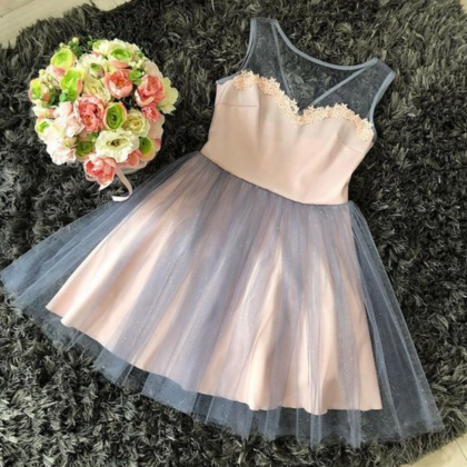 A-line Round Neck Pink Tulle Homecoming Dress With..