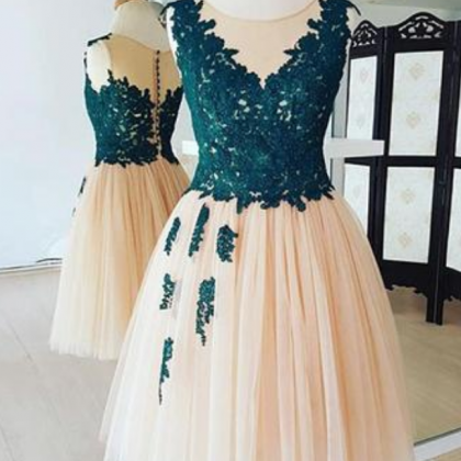 Champagne Lace Tulle Short Prom Dress, Homecoming..