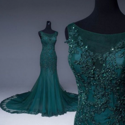 Lace Prom Dresses, Emerald Green Tulle Mermaid..