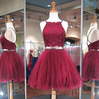 Two Piece Homecoming Dresses Lace Burgundy Short..