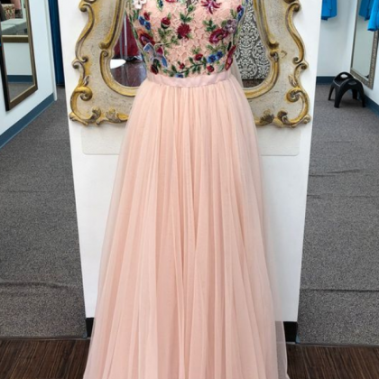 Elegant High Neck Pink Long Prom Dress With Floral..