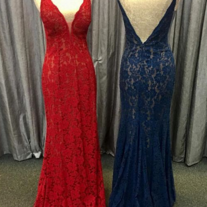 Modest Red Lace Mermaid Prom Dresses, Simple Navy..