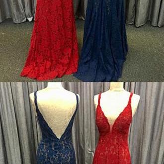 Modest Red Lace Mermaid Prom Dresses, Simple Navy..