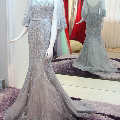 Mermaid Silver Lace Prom Dress With Sequins,..
