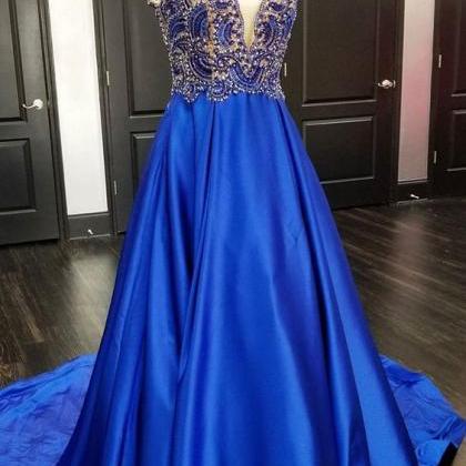 Gorgeous V Neck Royal Blue Long Prom Dress With..