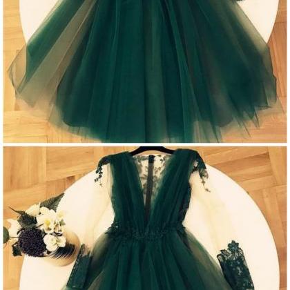 Cute A-line V-neck Tulle Long Sleeves Homecoming..